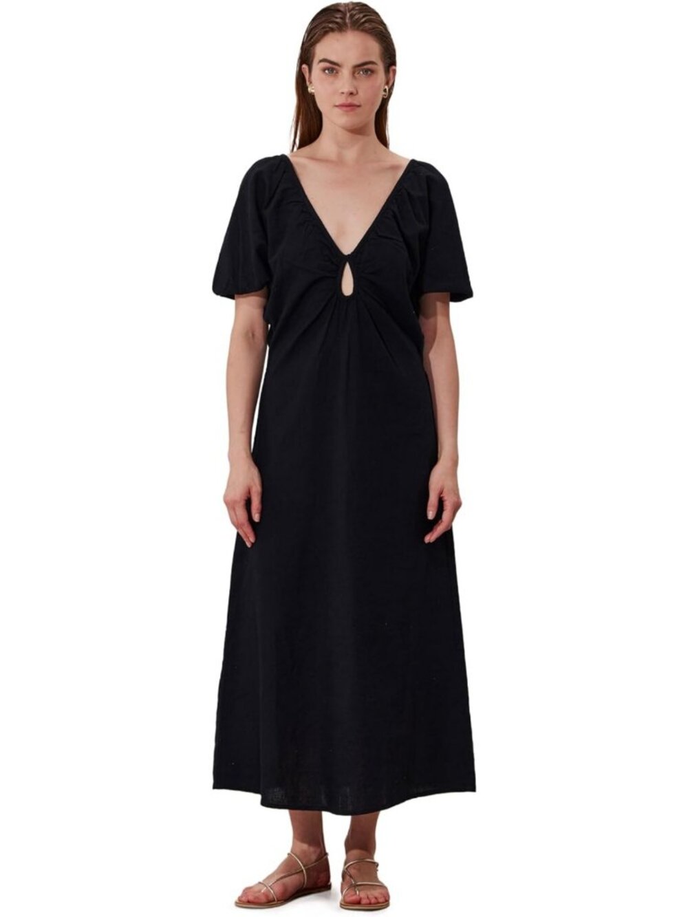 Chic Puff Sleeve Midi Dress Cover-Up - Elastic Back, Keyhole Detail, Beach Ready